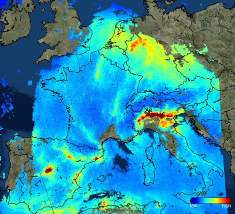 Sentinel-5P sees nitrogen dioxide over Europe. Image: Copernicus Sentinel data (2017), processed by KNMI/ESA